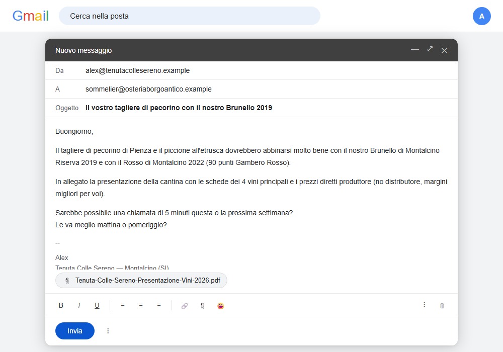 Esempio email inviata a un ristorante toscano con abbinamento vino specifico basato sulla carta del ristorante